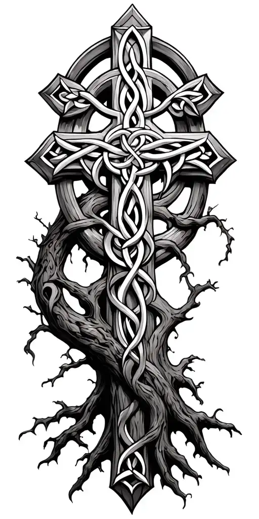 Celtic Cross Intertwined With A Tree