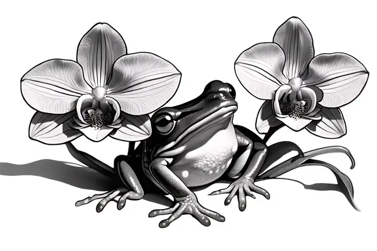 Small Frog Gently Holding An Orchid Flower