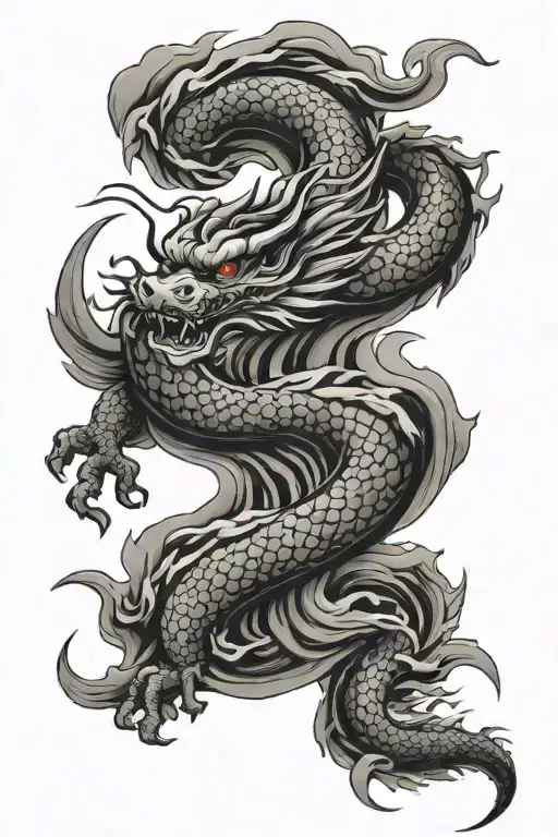 Japanese Dragon With Waves Flowing
