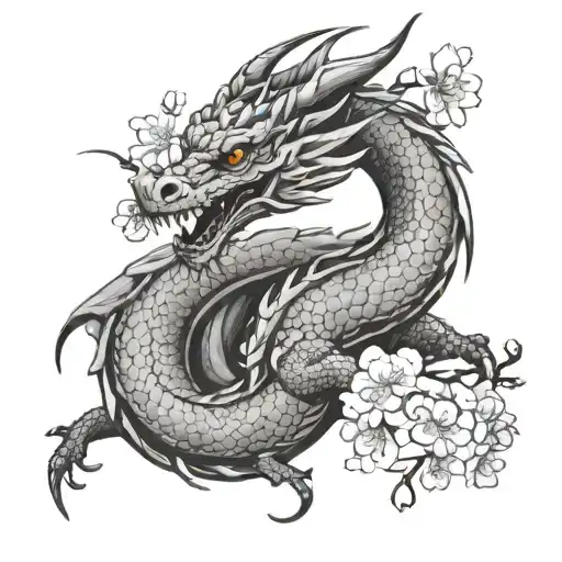 Black And Gray Dragon With Cherry Blossoms