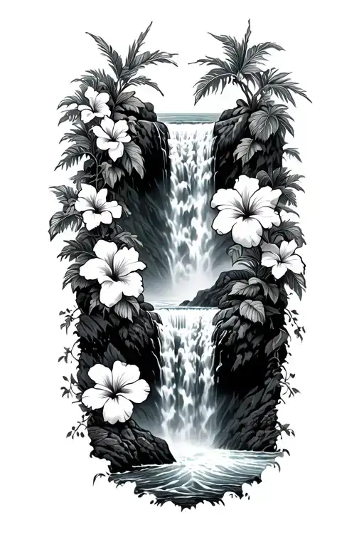 Hawaiin Waterfall With Hibiscus Vine