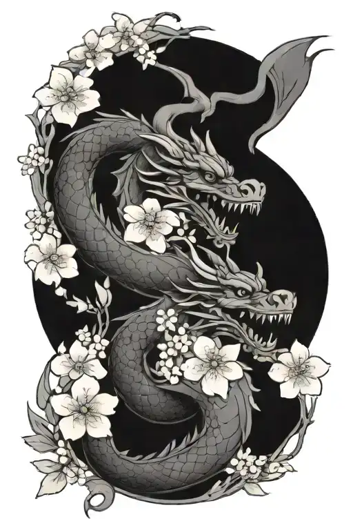 Black And Gray Dragon With Cherry Blossoms