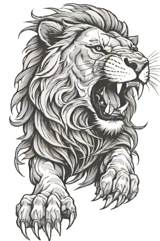 Lion Roaring With Claws Showing On Front Paws Connected