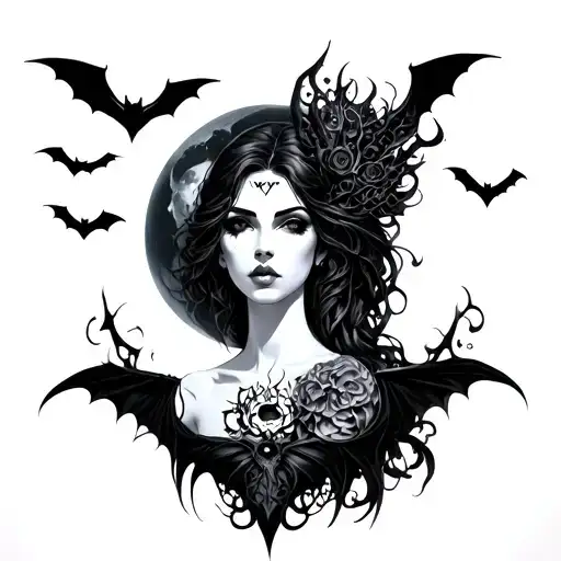 Nyx Goddess With Bats And Moon Rising
