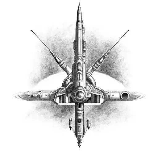 A Black-grey Tattoo Of The Normandy Spaceship Flying Through Space