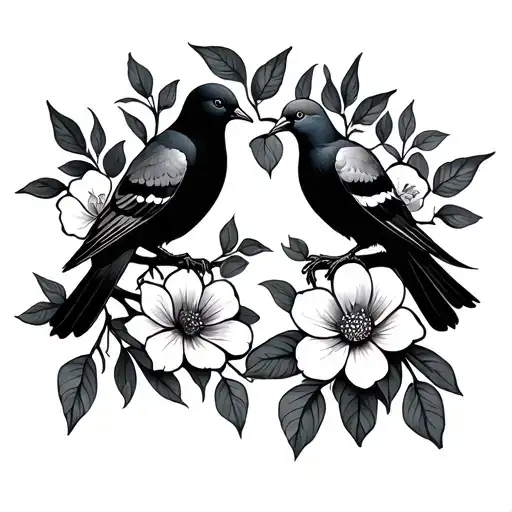 Flowers Framing Two Turtledoves In Cedar Tree