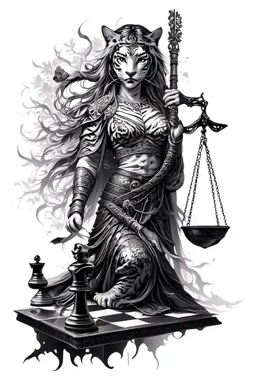 Tiger Chess Samurai Forest Lady Of Justice Intertwined In A Complex Picture
