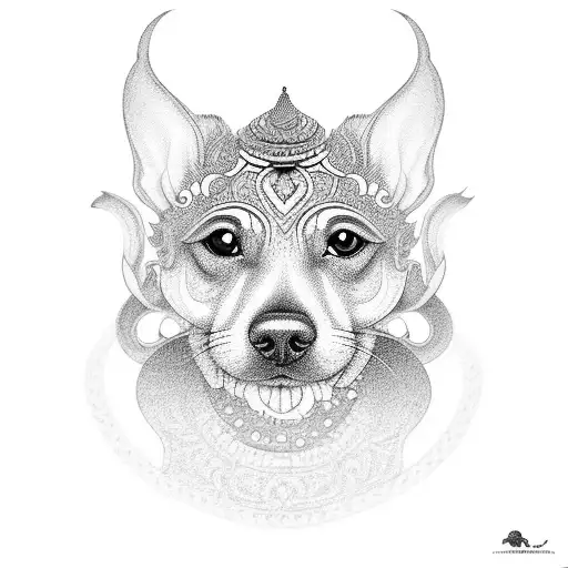A Detailed Black And Grey Tattoo Of A Dog Surrounded By Traditional Cambodian And Thai Patterns