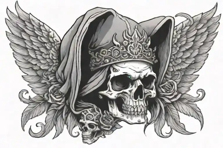 A Hooded Skull Wearing A Crown With Angel Wings