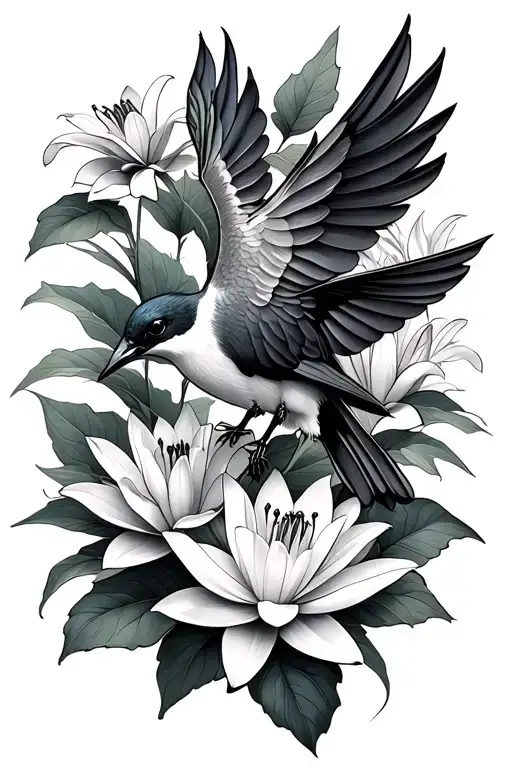 Colibri Slightly Colored On A Liana Of Lily Flowers And Lotus With Shadow