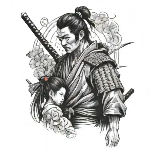 Samurai Looking Down At Little Girl Holding