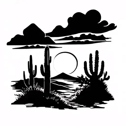 Black And White Tattoo Stencil Of A Western Sunset With Cactus