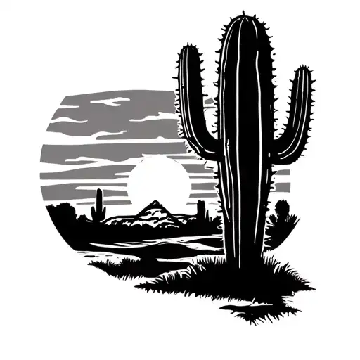 Line Art Tattoo Stencil Of A Western Sunset With Cactus