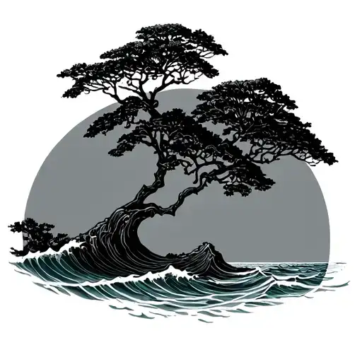Banyan Tree Silhouette With Ocean Waves