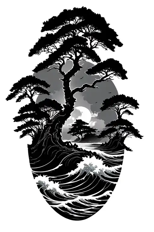 Banyan Tree Silhouette With Ocean Waves