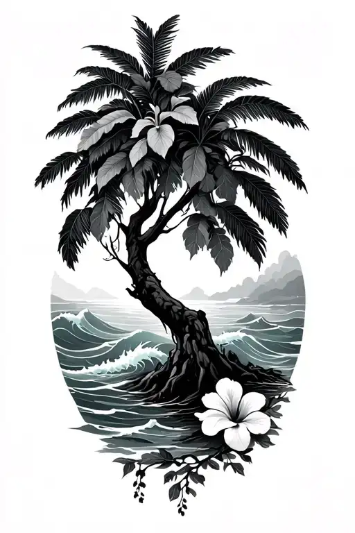 Banyan Tree Silhouette With Ocean Waves And Hibiscus Vine