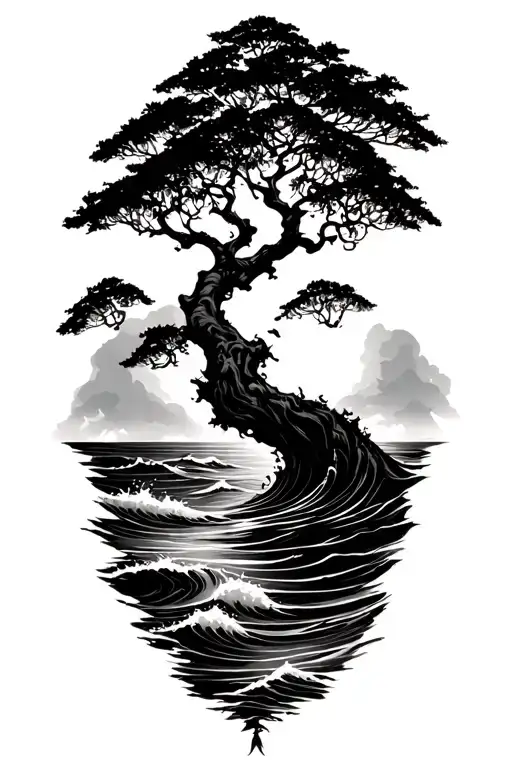 Banyan Tree Silhouette With Ocean Waves
