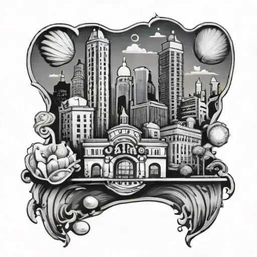 A Black And Grey Tattoo Of A Casino Skyline With Seashells Scattered Throughout The Cityscape