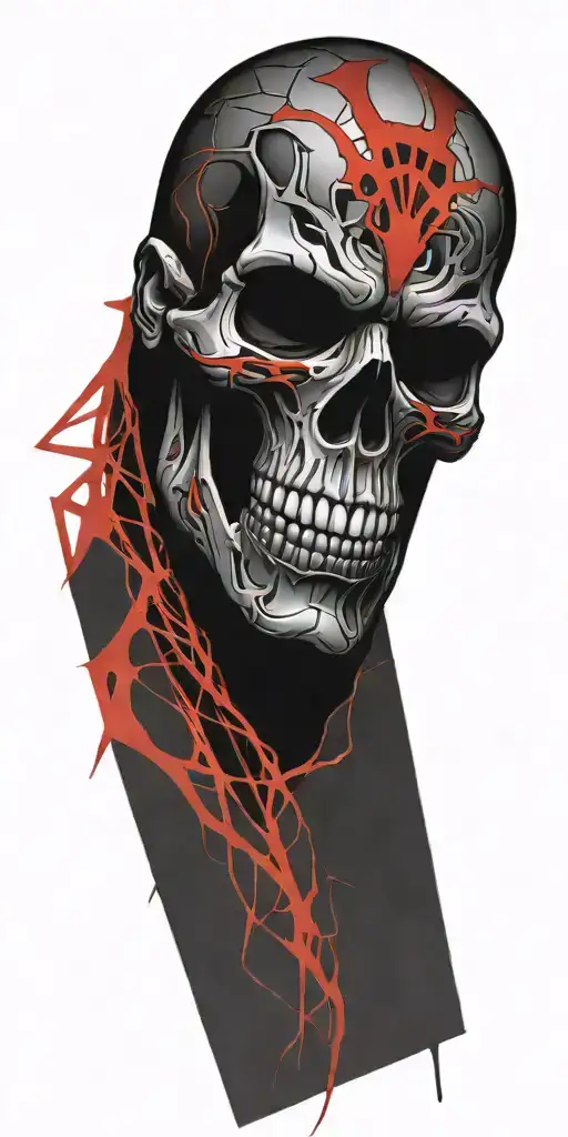Black And Red Skull Surrounded With Lots Of Think Chaotic Lines