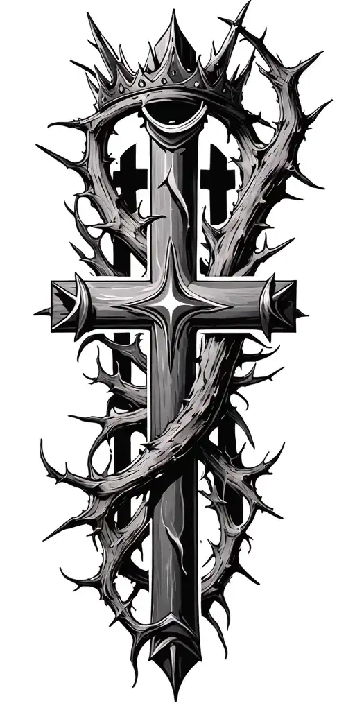 Long Religious Cross With The Thorn Crown Hanging