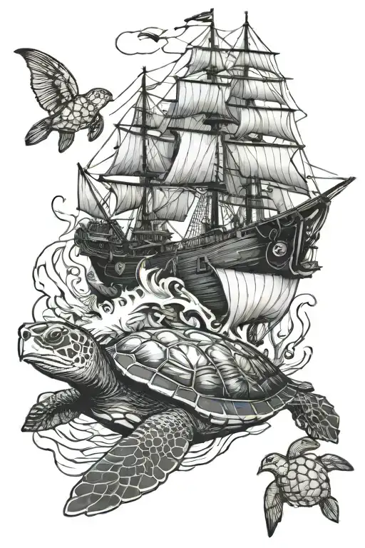 Sea Turtle And Ship