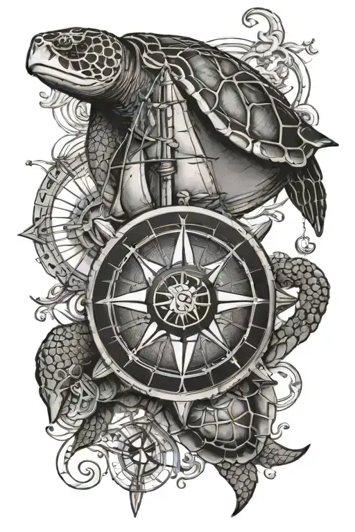 Sea Turtle And Ship And Compass Rose