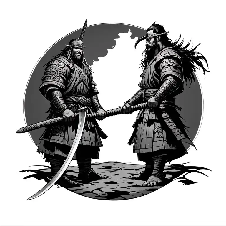 Vikin And Samurai Stand Nearby In Full Growth In His Hands Sword