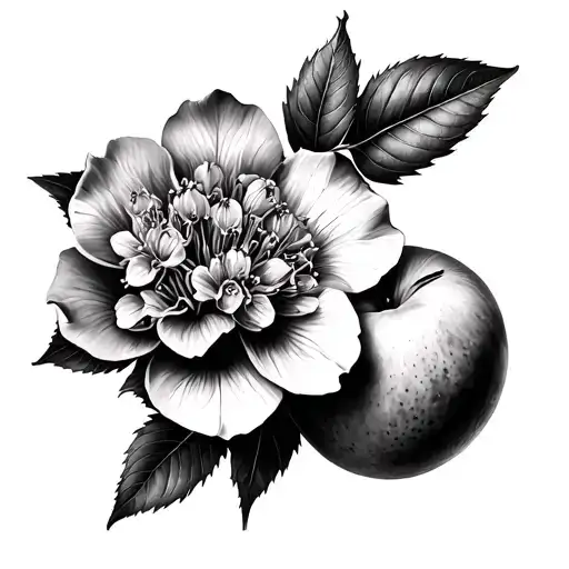 Black And White Tattoo Of A Lilac Flower And A Peach Fruit