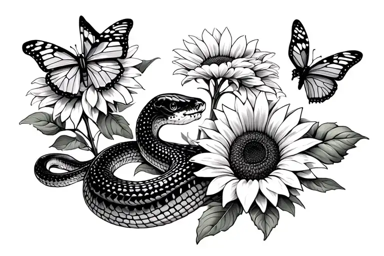 Snake With Butterflies In Sunflowers