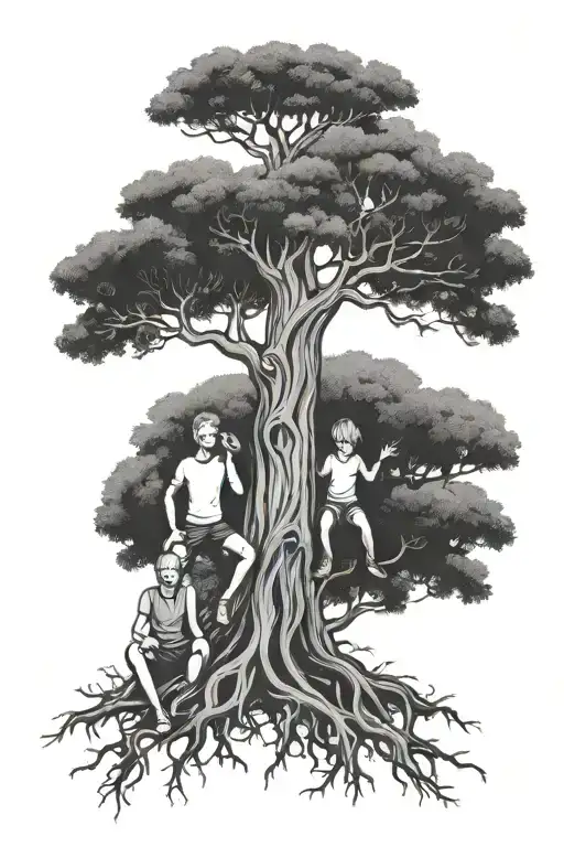 Draw Me Fine Line Tattoo Of A Tree With Mum And Dad In Roots With 2 Kids As Tree