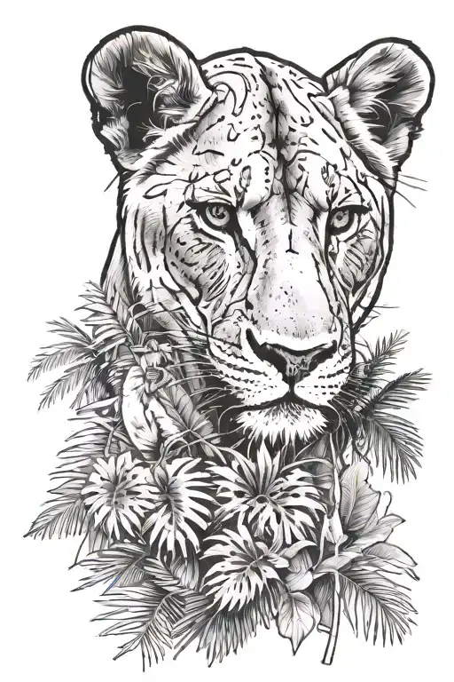 Lioness Jungle Forest With Trees Background Palms