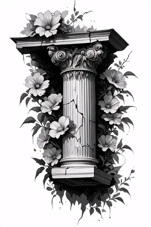 Cracked Roman Pillar With Flowers Growing