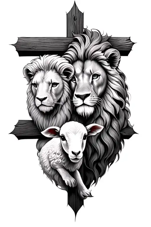 A Lion And A Lamb On Opposite Sides Of A Cross