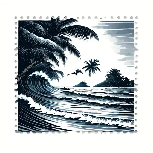 Postage Stamp Frame With Waves In A Beach Scene Inside
