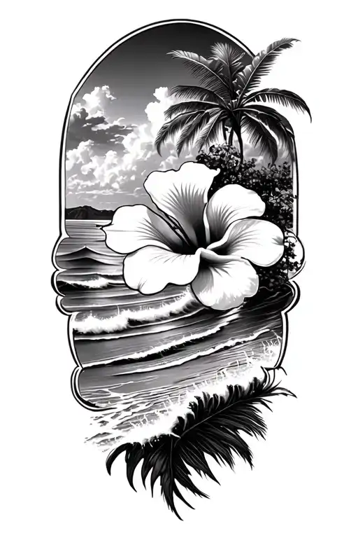 Hibiscus On Bottom With Waves Crashing On A Beach