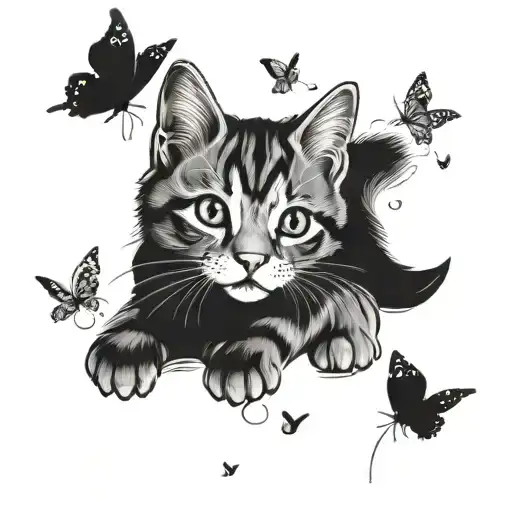 Little Cat Playing With 3 Little Butterflies And Inscription