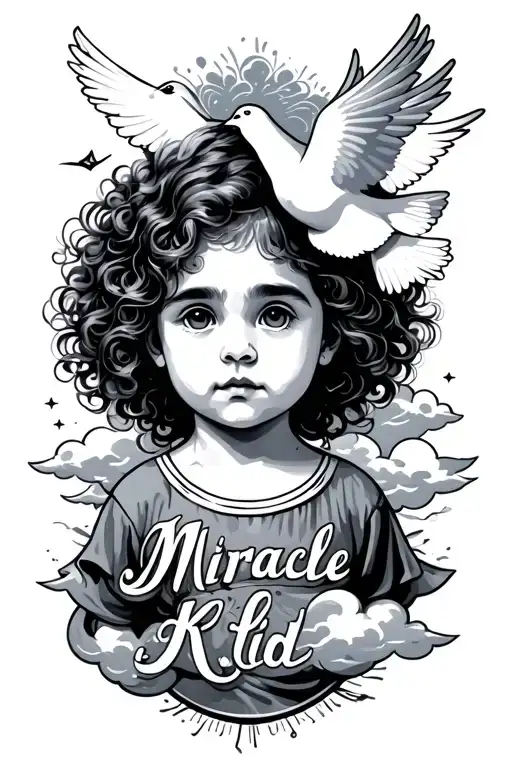 Miracle Kid In Lettering With Clouds And Doves Tattoo Design