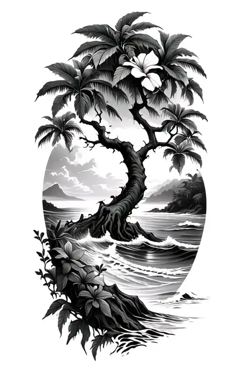 Banyan Tree With Hibiscus Vine With Waves And A Beach