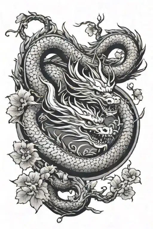 Japanese Dragon In Japanese Picture Frame Above Which Cherry Branches Are