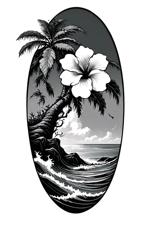 Banyan Tree With Hibiscus Flower With Waves And A Beach