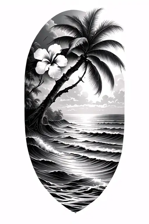 Waves On A Beach With A Banyan Tree And Hibiscus Flower