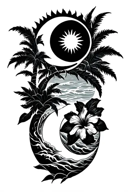 Sun And Moon And Banyan Tree And Hibiscus Flower With Ocean Waves