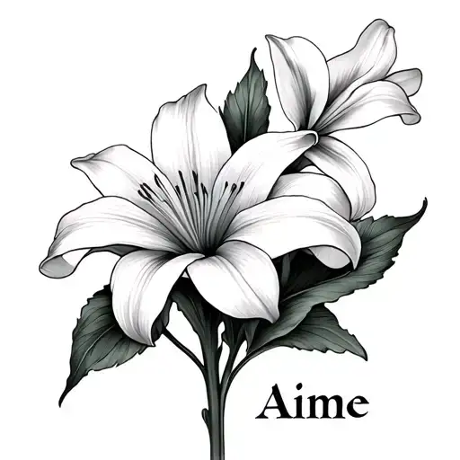 Make Me A Black And White Tattoo Of Lilly Of The Vally Flowers With The Name Aime By Them