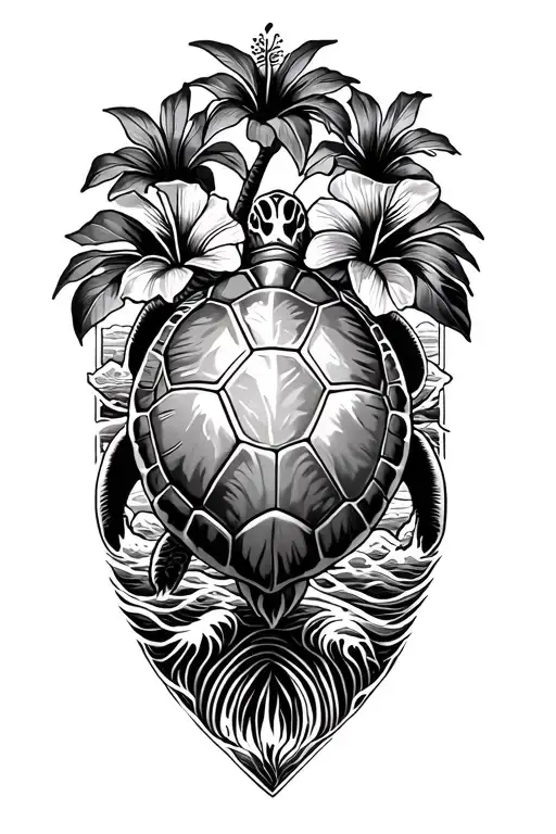Sea Turtle And Banyan Tree And Hibiscus Flower With Ocean Waves
