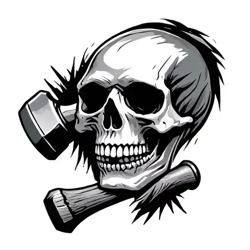 A Skull With A Hammer Shashing His Head Tattoo Holding