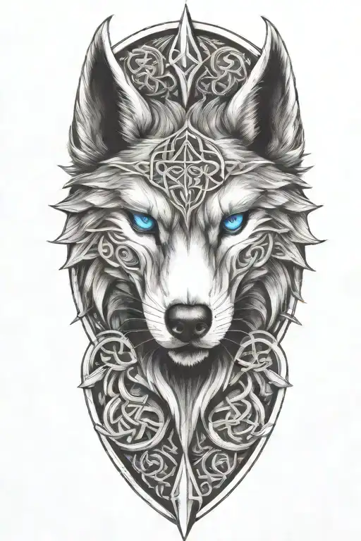 Wolf With Blue Eyes On Armor Tattoo Design Featuring Celtic Trinity Knot