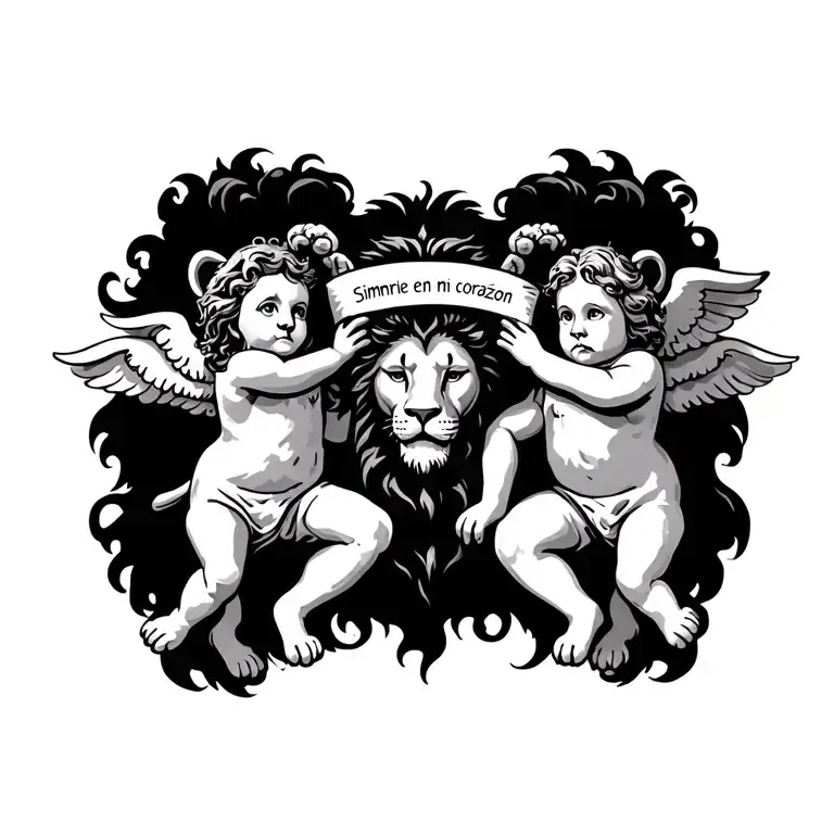 Lion Head With Two Cherubs Holding Banner Saying Siempre En Mi Corazon