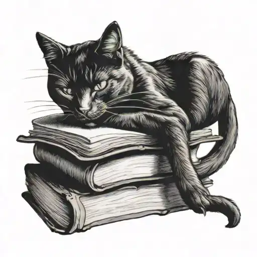Black Cat Sleeping On Top Of An Open Book