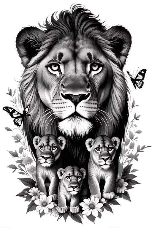 Female Lioness With 5 Small Lions With Flowers And Butterflies Around