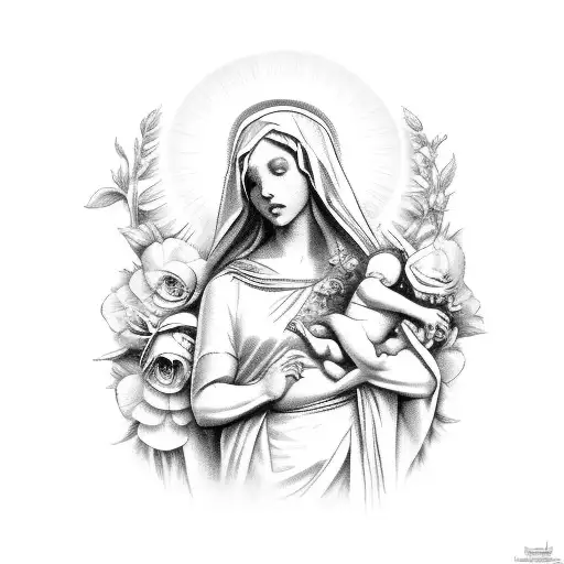 Holy Mary With Flowers And Cherubs